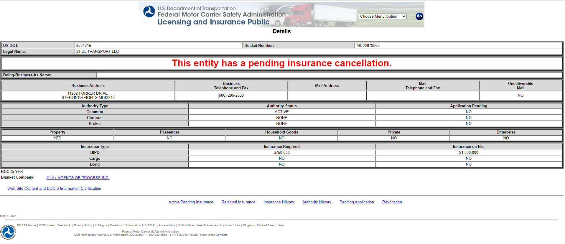 Shul Transport LLC - Safety Snapshot